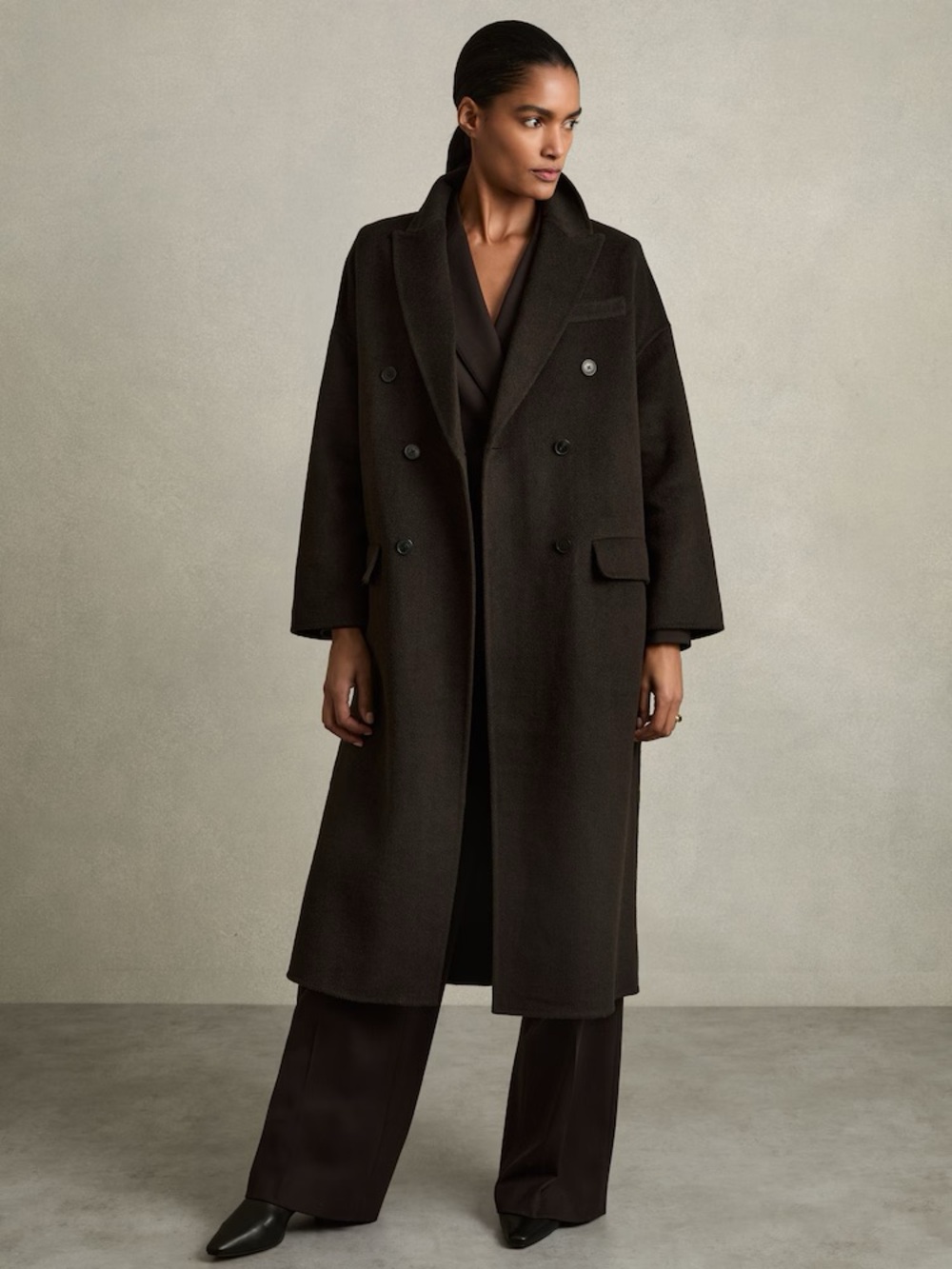 Reiss Lara
Wool Blend Herringbone-Twill Coat in Chocolate NWT US 4
